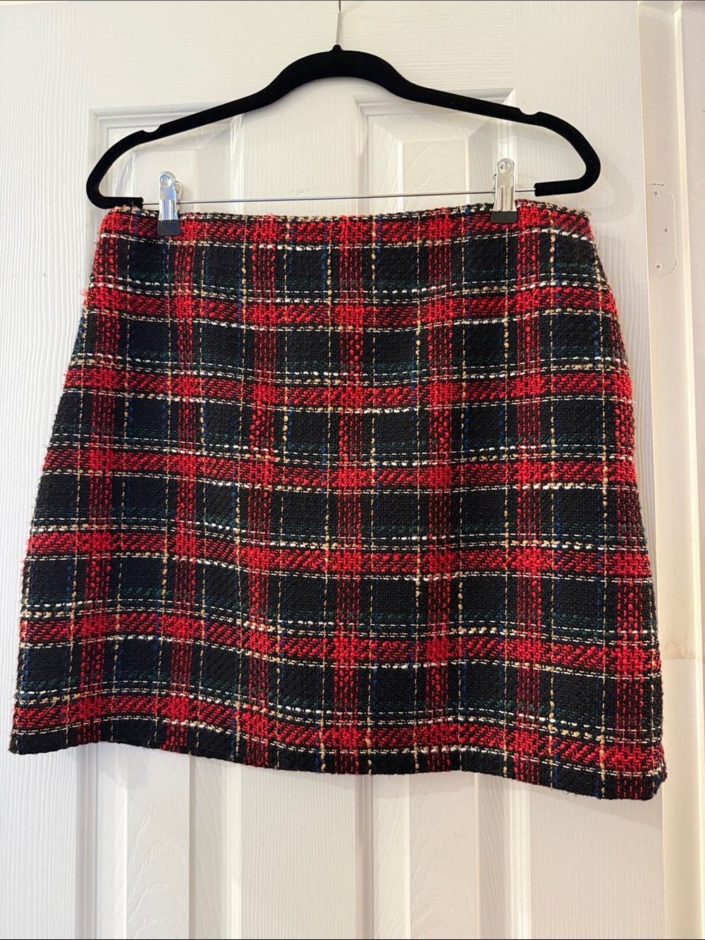 LOFT Red and Black Plaid Tweed Mini Skirt